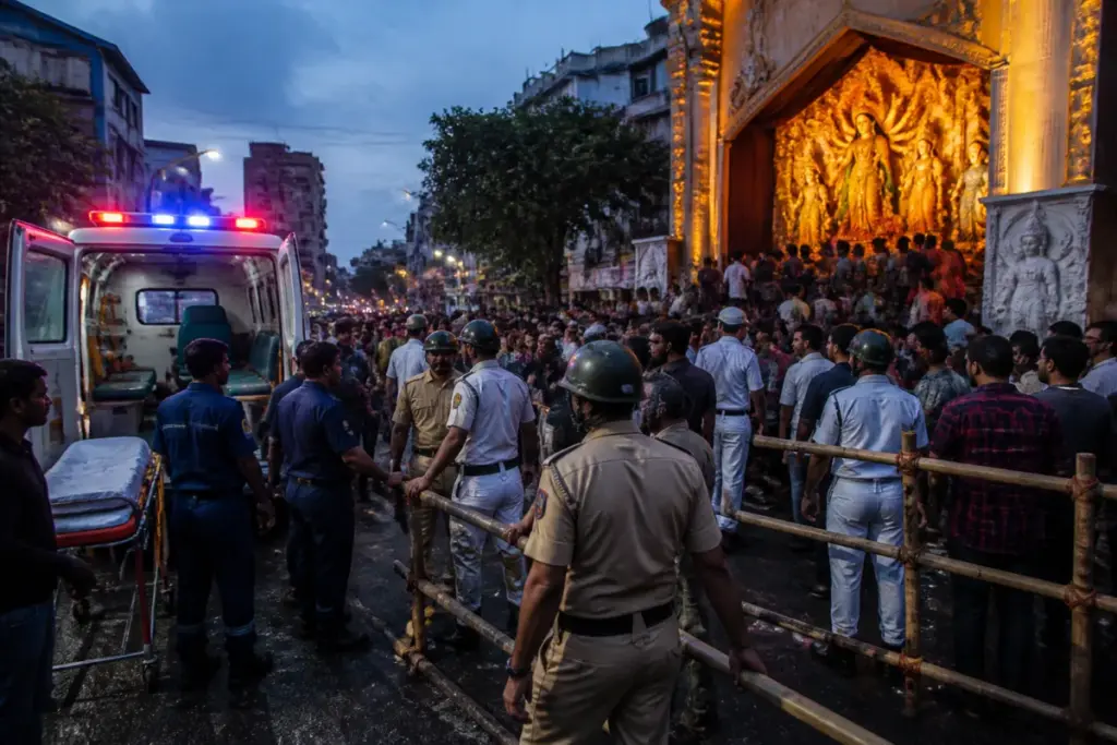 Kolkata Durga Puja stampede site with barricades and emergency responders near a crowded pandal