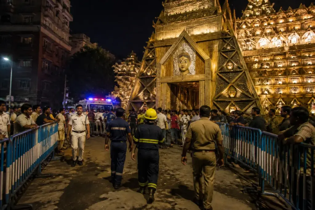 Kolkata pandal stampede aftermath near a crowded Durga Puja venue