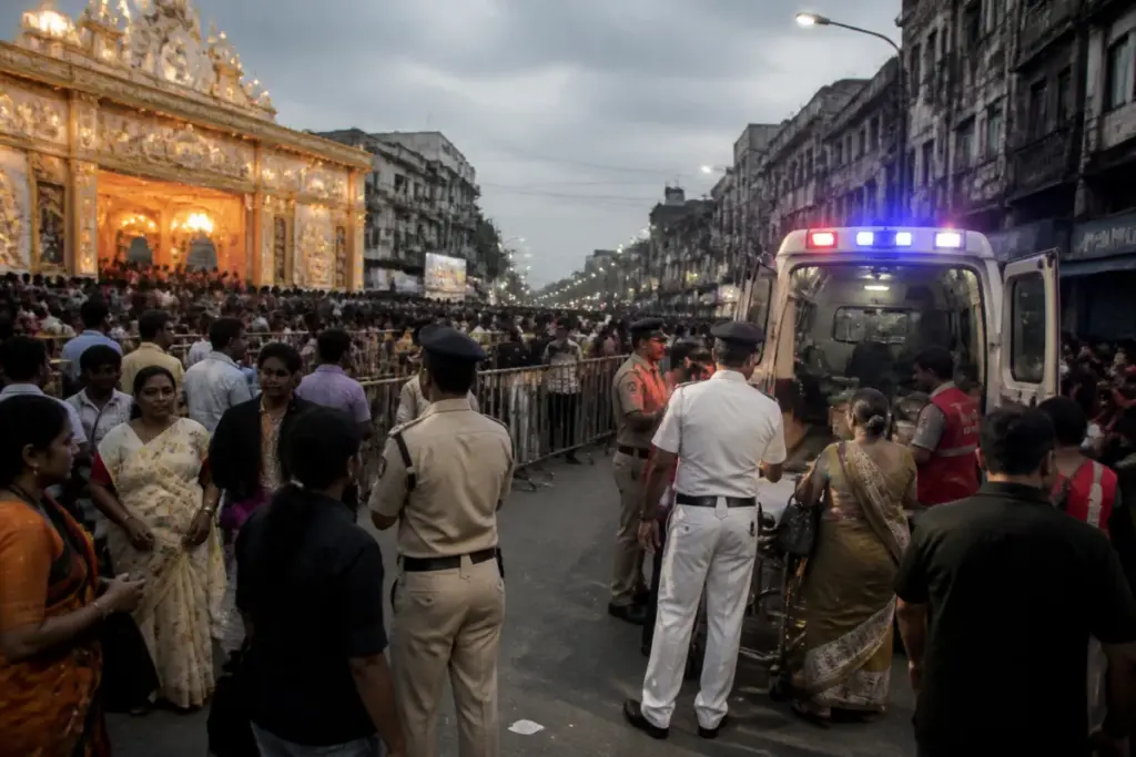 Kolkata Durga Puja stampede site with a crowded pandal entrance and emergency response activity.