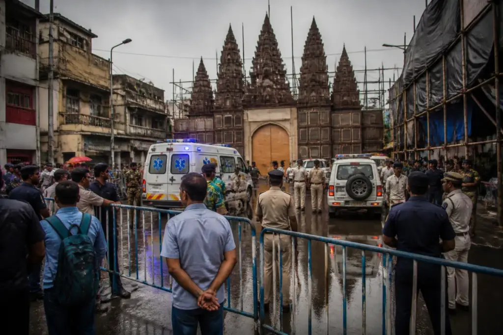 Police cordon outside a Kolkata Durga Puja pandal after a reported stampede