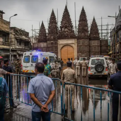 Police cordon outside a Kolkata Durga Puja pandal after a reported stampede