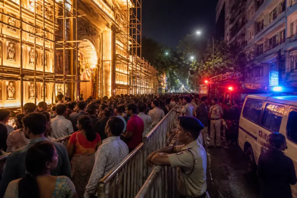 Kolkata stampede aftermath outside a crowded Durga Puja pandal