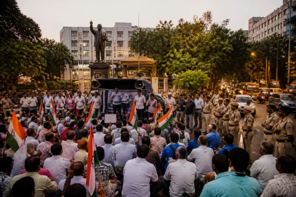 Pune protest rally near the Dr B R Ambedkar statue at the District Collectorate