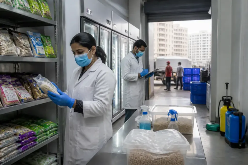 Delhi food safety officials inspect packaged food stored at a quick-commerce facility