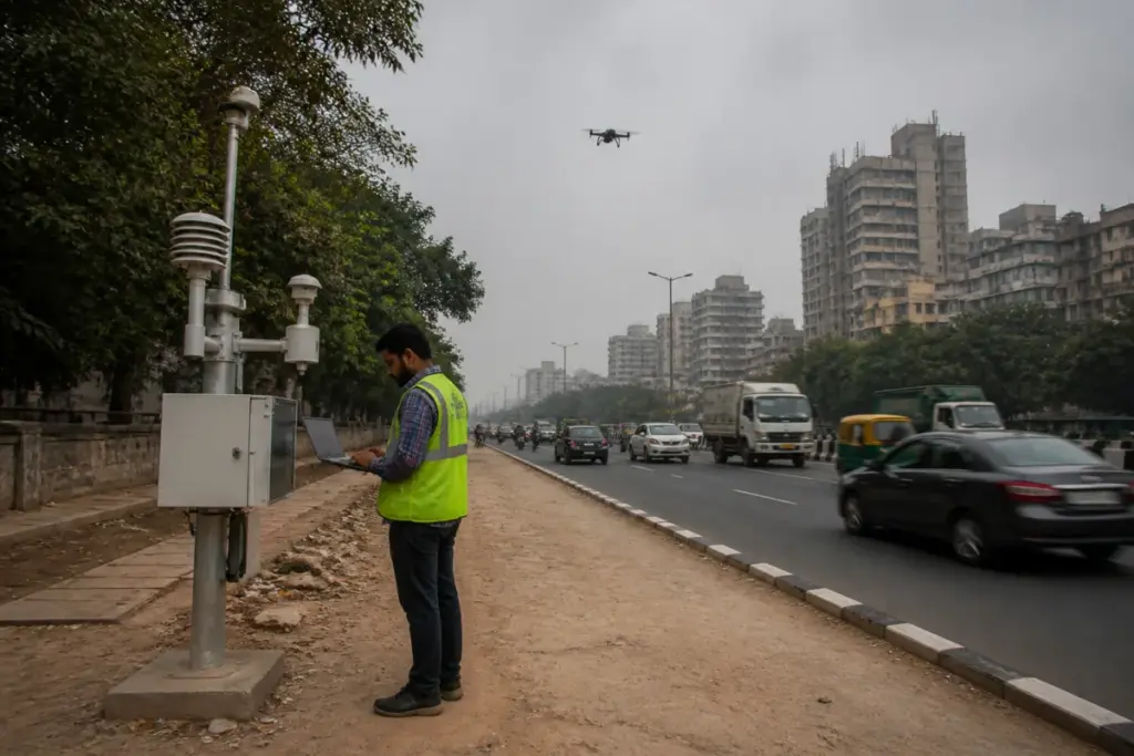 NCR air pollution monitoring using sensors and drones across a busy Delhi road
