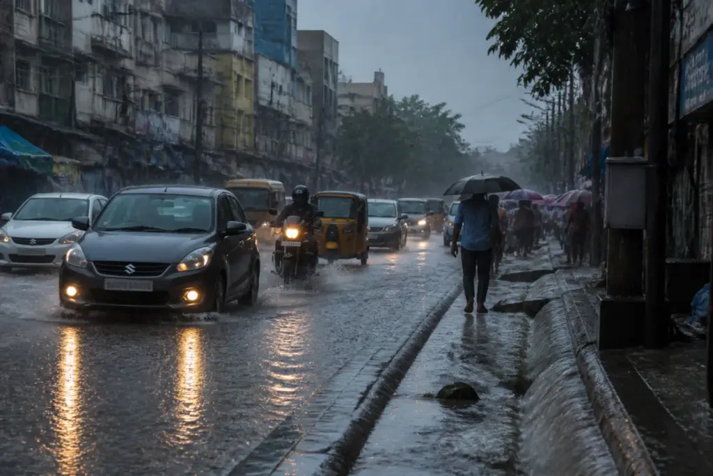 Chennai rain flooding a city road during an intense northeast monsoon shower