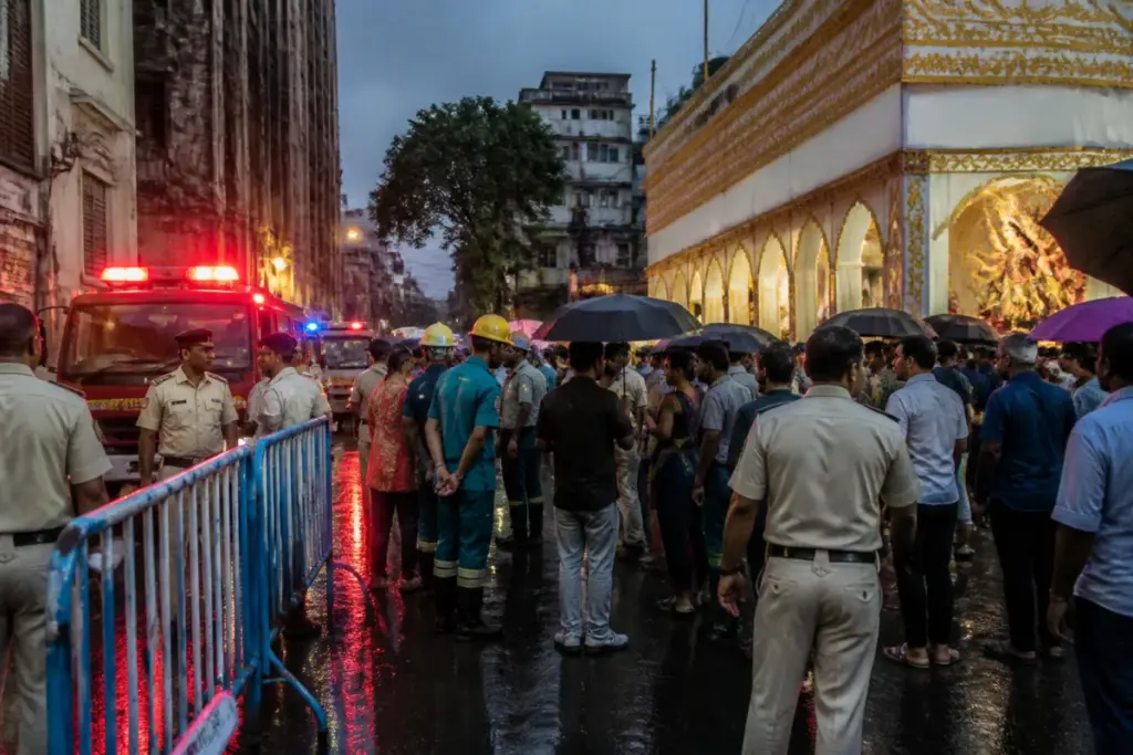 Kolkata pandal stampede site with crowds, barricades and emergency responders in a rain-soaked street