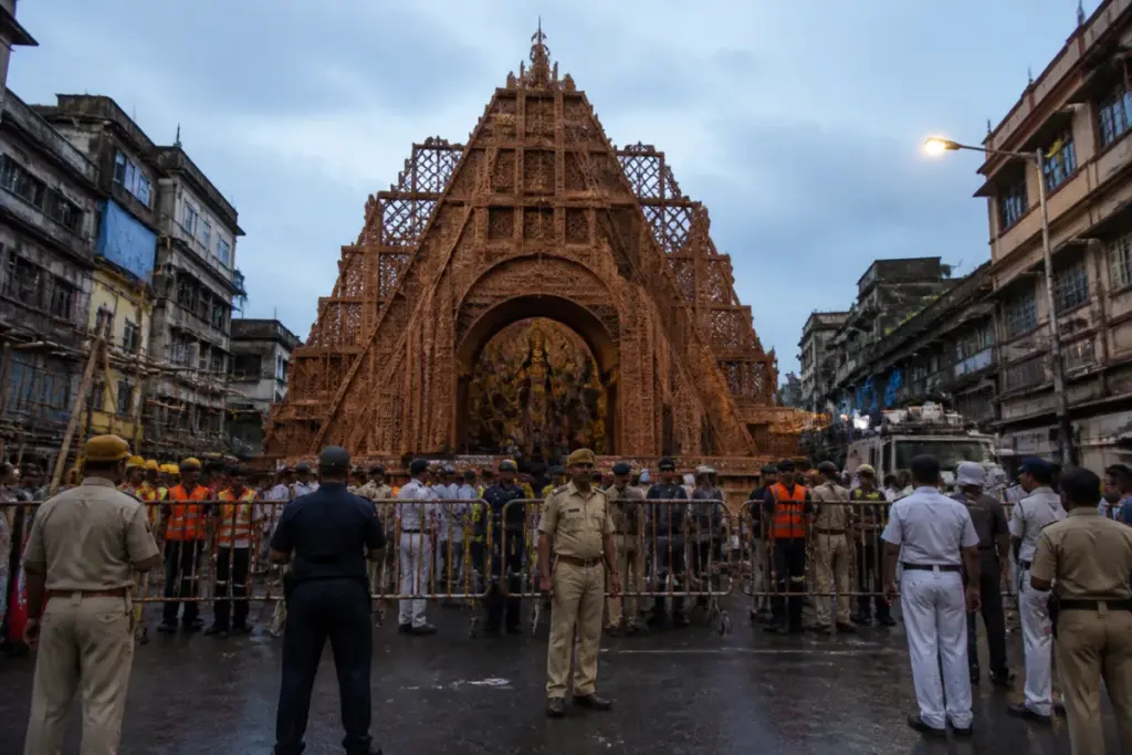 Police cordon outside the Chorbagan pandal after the Kolkata pandal crush