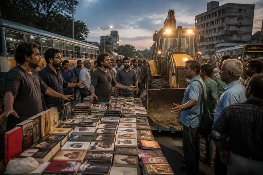 Jadavpur book stall surrounded by police and supporters near Kolkata’s 8B Bus Stand
