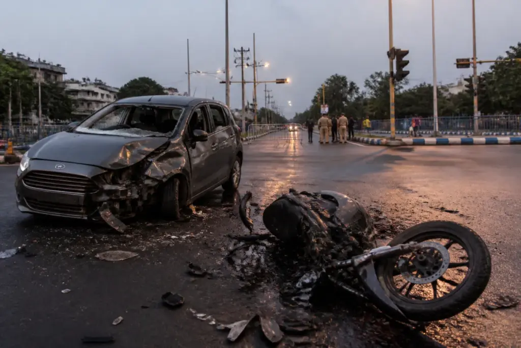 Anandapur road accident scene with a damaged car and motorcycle at a Kolkata junction