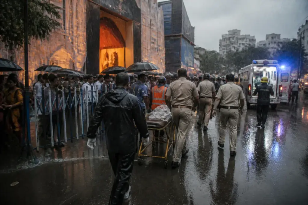 Kolkata Durga Puja stampede response outside a crowded festival pandal