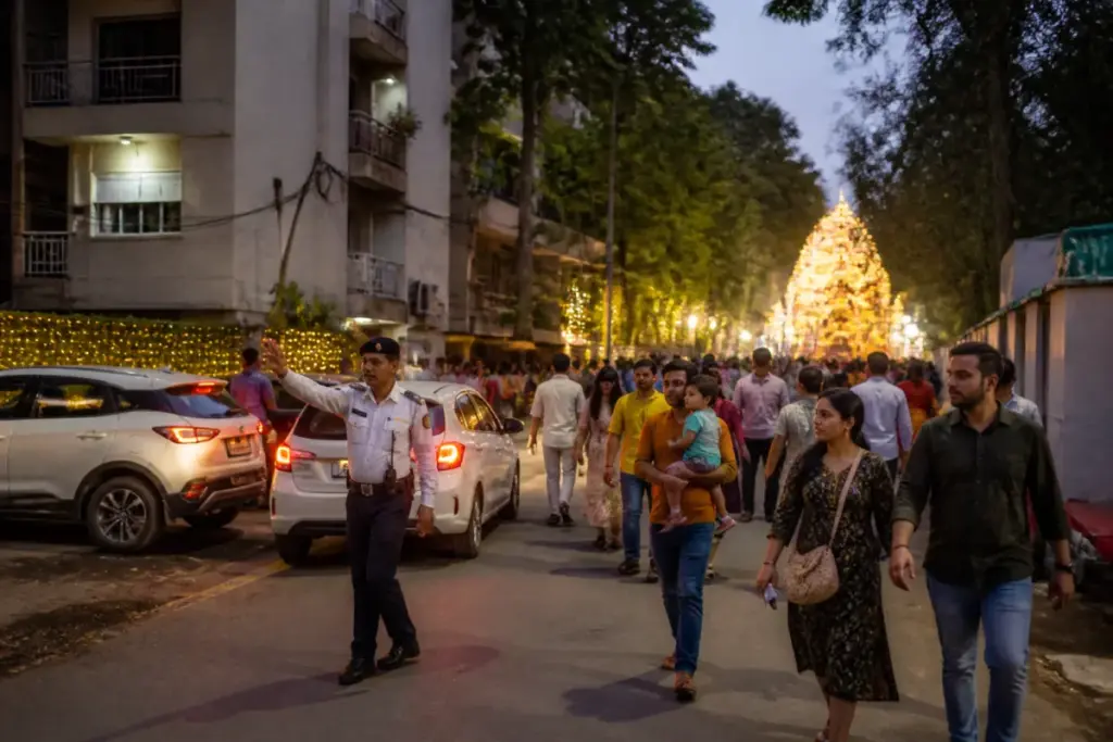 Delhi traffic restrictions near CR Park during evening Durga Puja celebrations
