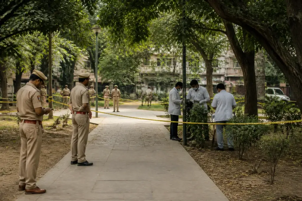 RK Puram park death investigation scene in a Delhi public park