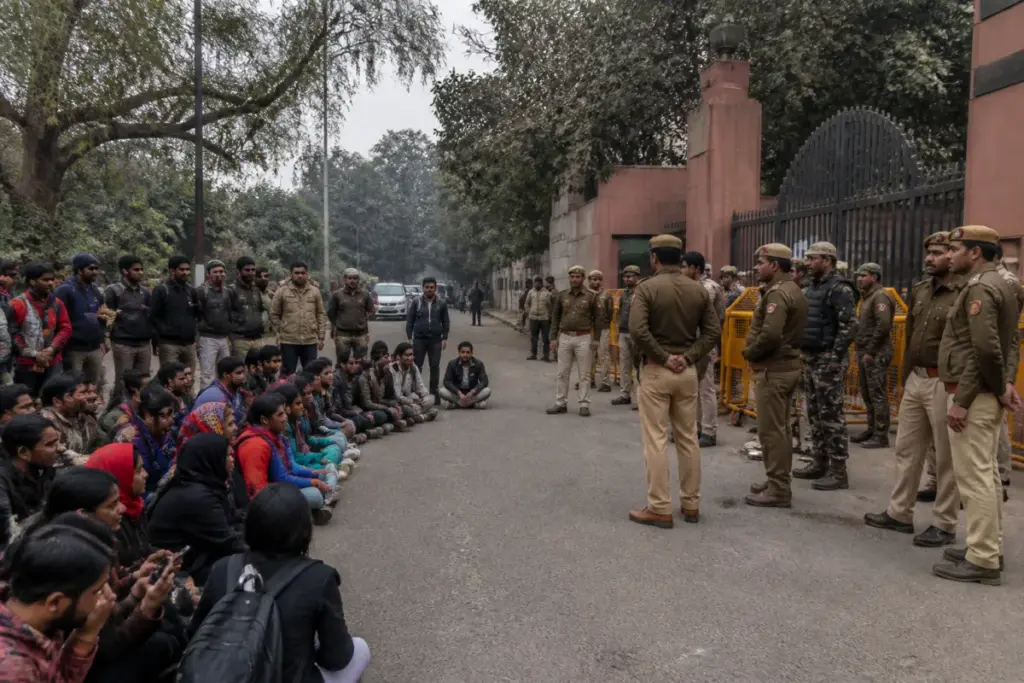 Jamia hunger strike protest near a university gate in Delhi with police deployment