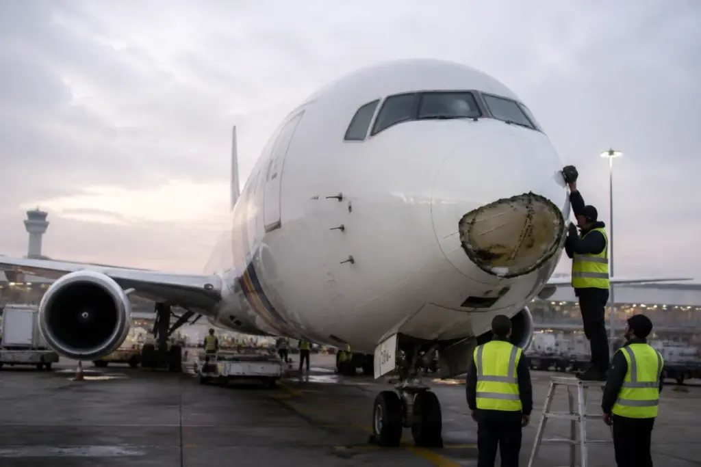 Emirates aircraft undergoing inspection after a Delhi airport bird strike