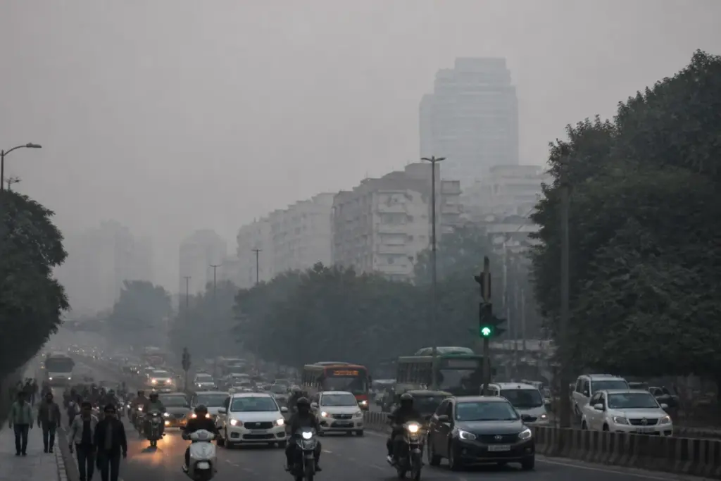 Delhi AQI haze over a busy traffic corridor with residential buildings in the background