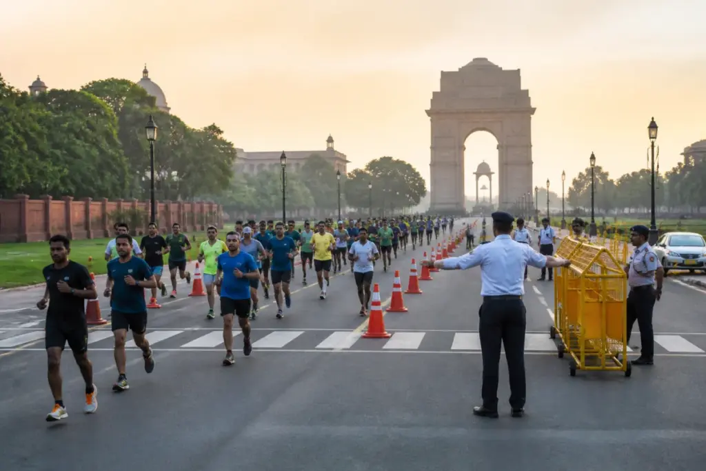 Delhi Half Marathon traffic advisory affecting central Delhi roads near India Gate