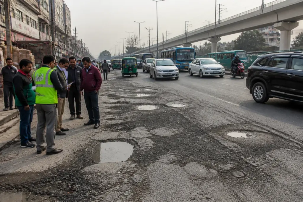 Rohtak Road re-carpeting work ordered after a Delhi PWD inspection of roads and drains.