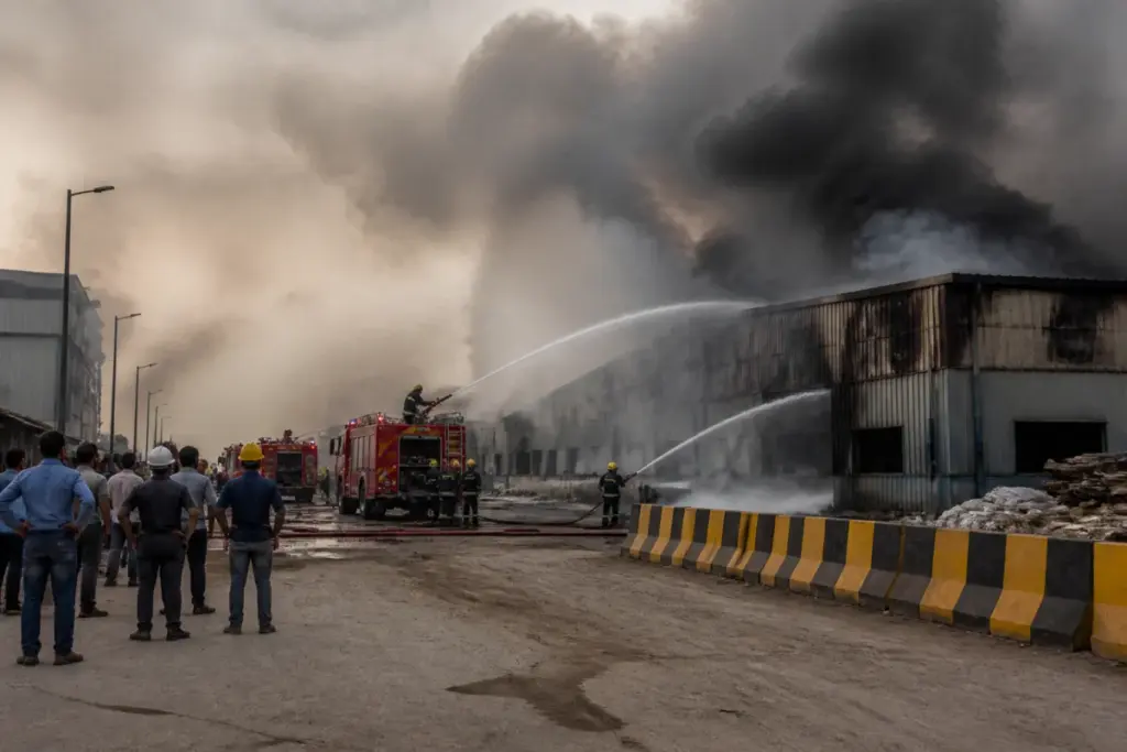 Firefighting operation at the Santej factory fire near Ahmedabad