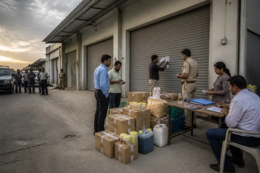 Ahmedabad food safety raid at a sealed food-processing unit in Gota