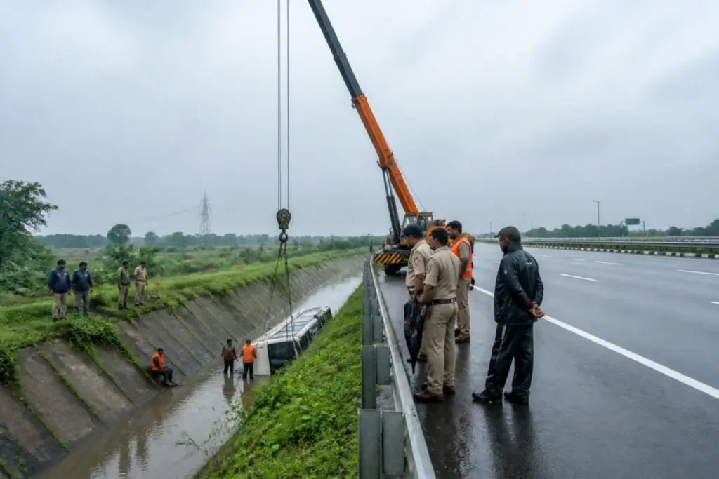 Delhi-Mumbai Expressway crash site near Kota with a bus recovery operation at a roadside drain