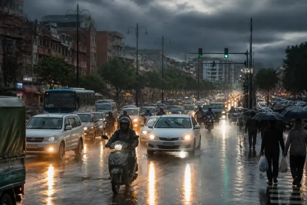Jaipur rainfall slows evening traffic on a city road during dark, rainy conditions.