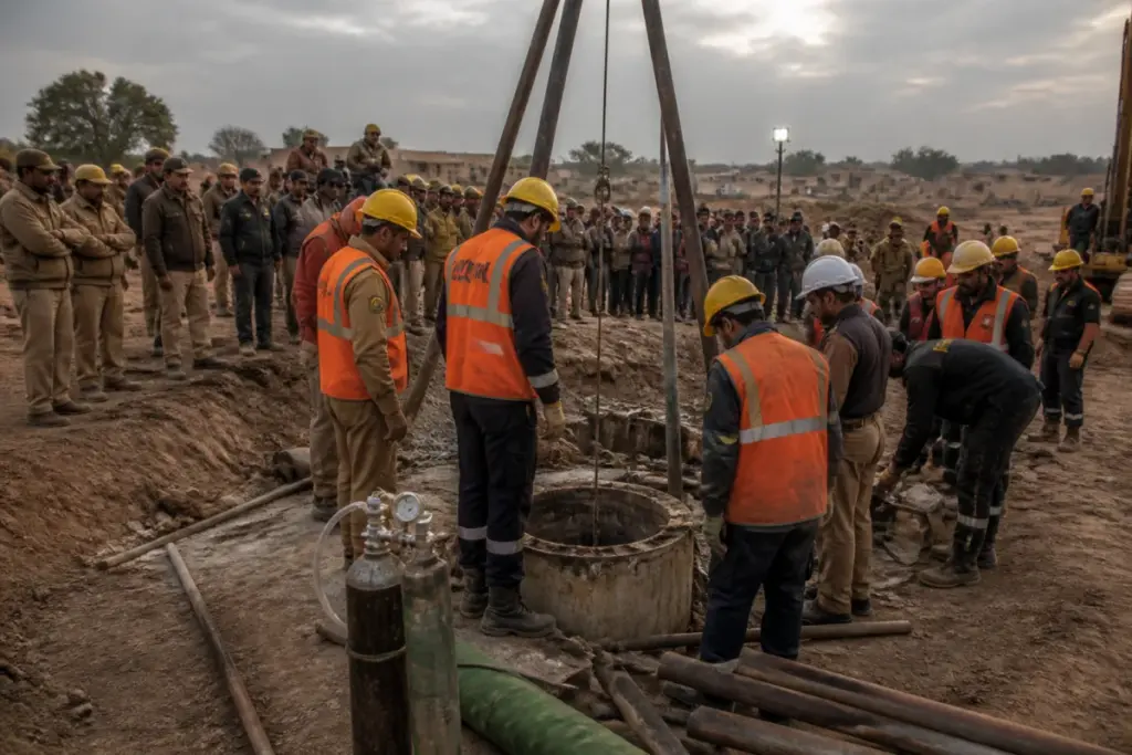 Rescue teams work around a borewell during the Phalodi borewell rescue operation in Rajasthan