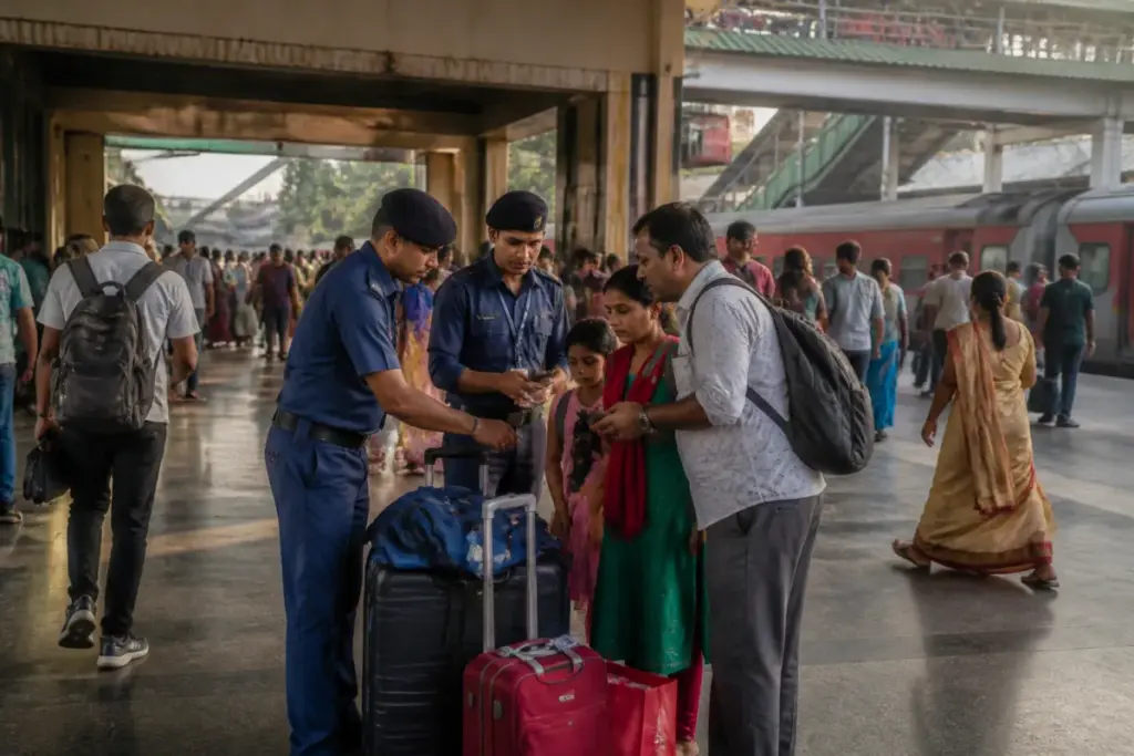 Badarpur railway station help desk supporting passengers during the Durga Puja travel rush