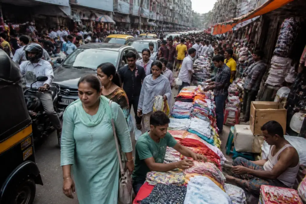 Fancy Bazar vendors and shoppers crowd a congested commercial street in Guwahati.