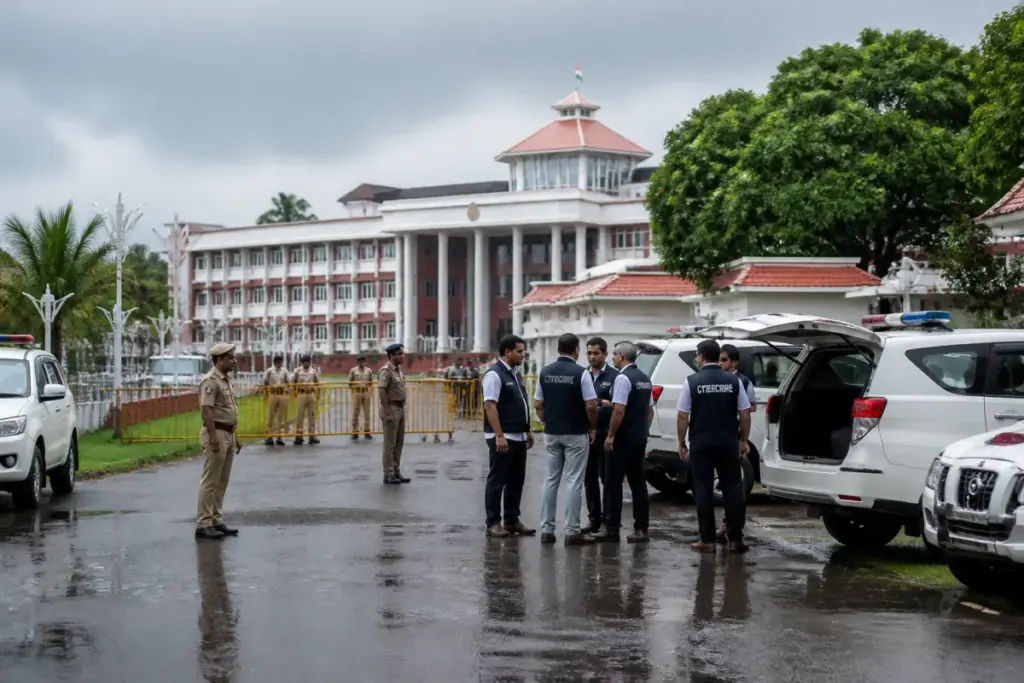 Kerala bomb threats investigation involving police outside a government building in Thiruvananthapuram