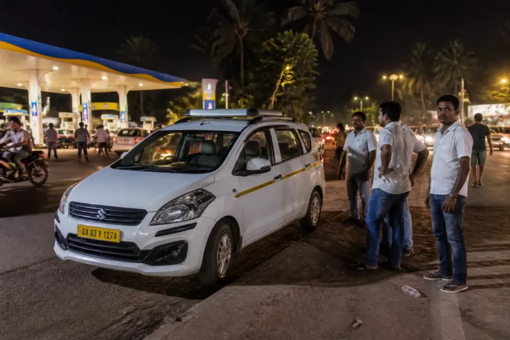GoaMiles taxi parked on a busy Calangute road in Goa's tourism belt