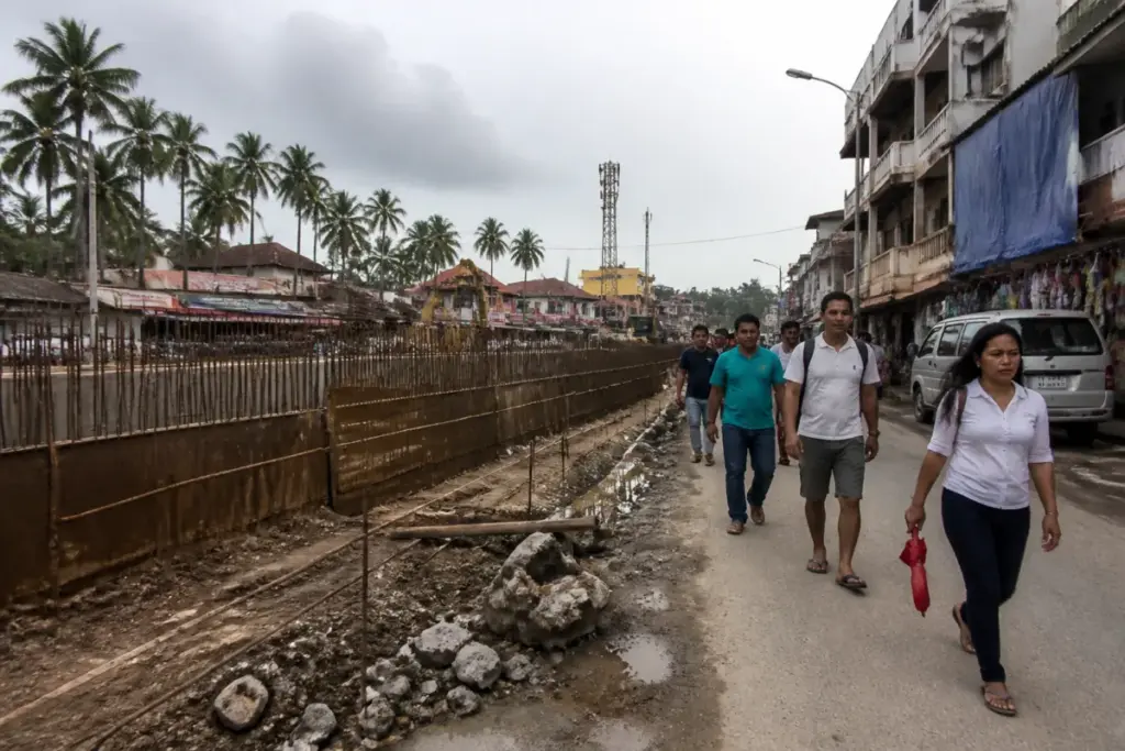 Calangute infrastructure works near a market area with exposed construction barriers and pedestrian traffic