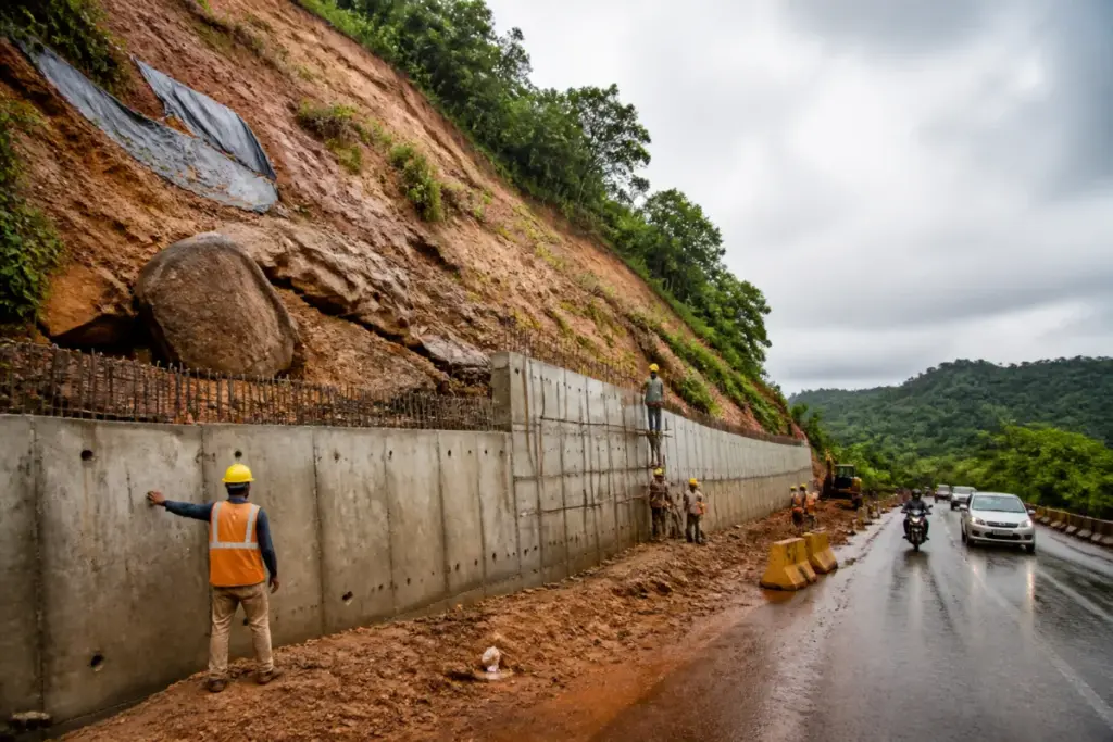Retaining wall construction along the Vathadev-Vhalshim bypass in Goa to reduce landslide risk.