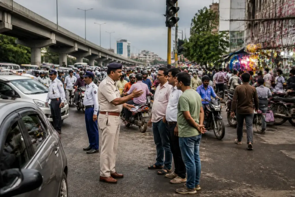 Nagpur traffic police inspect a congested market intersection near city flyovers