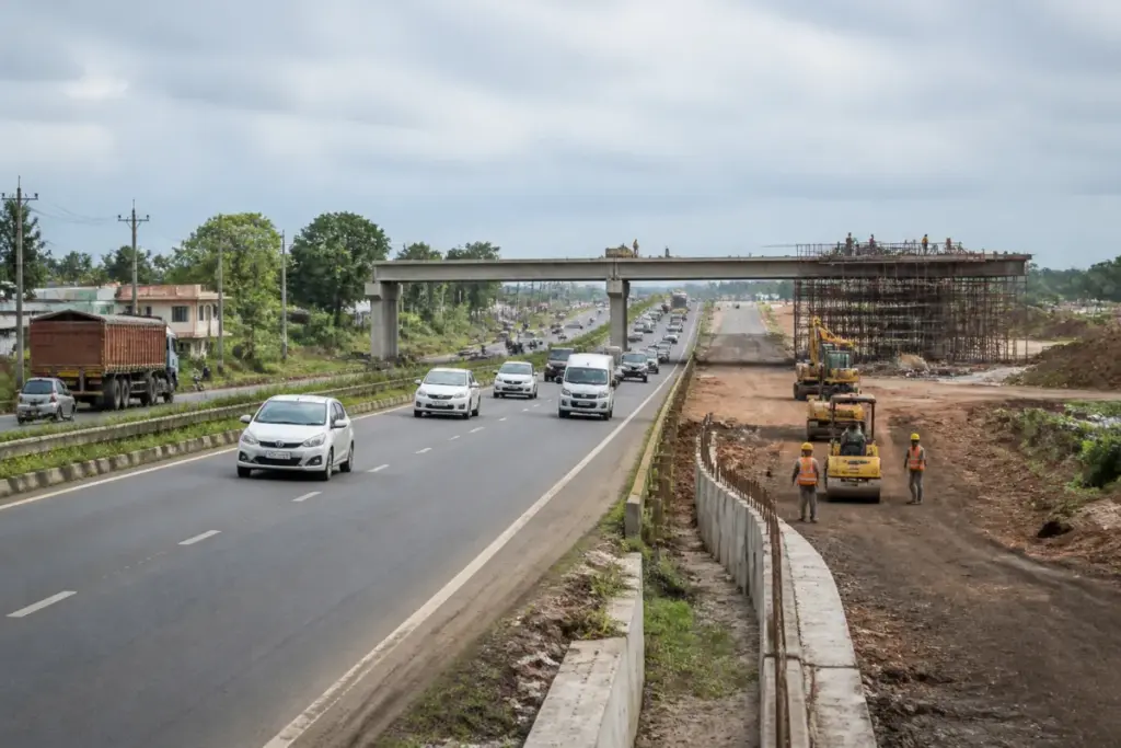 NH-53 six-laning project corridor between Nagpur and Bhandara with highway traffic and construction works.