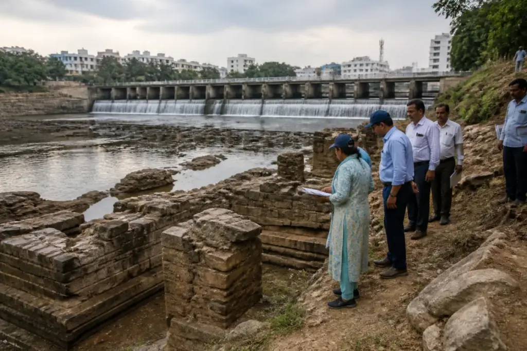 Kurichi check dam on the Noyyal river in Coimbatore under heritage inspection