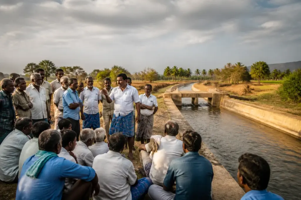 PAP water dispute involving farmers beside an irrigation canal in Tirupur district