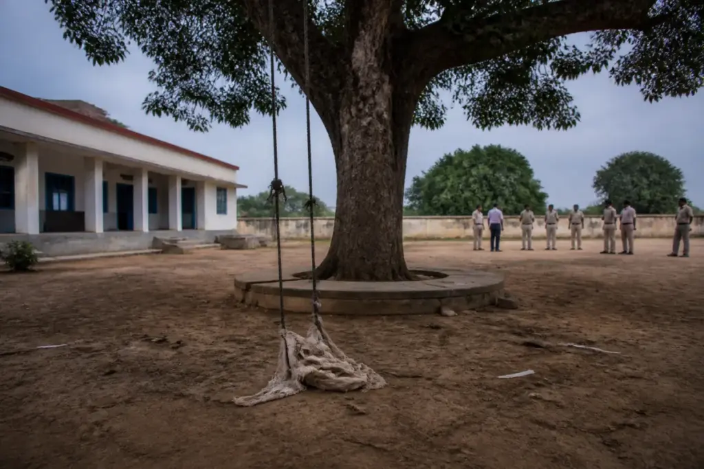 Mahasamund school accident scene showing a tree and government school campus