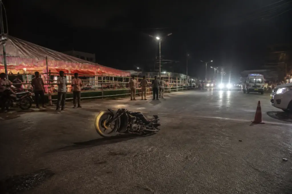 Ambikapur rope barricade accident site near a temporary religious event venue at night