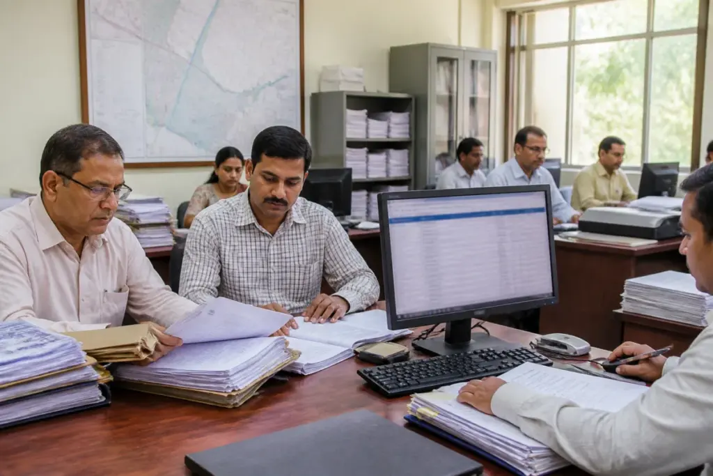 Chhattisgarh PWD officials reviewing public grievance records in a government office