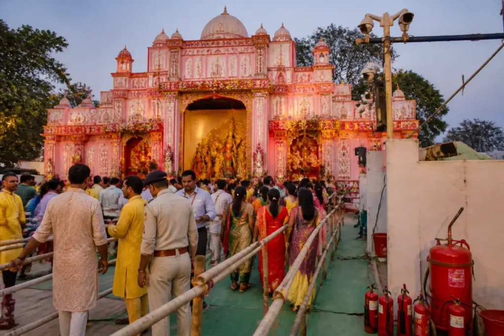 Durga Puja rules displayed near a monitored puja pandal in Hazaribag