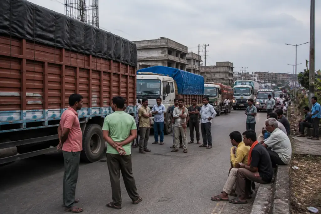 Jamshedpur truckers protest blocking traffic near Bhuiyadih Chowk
