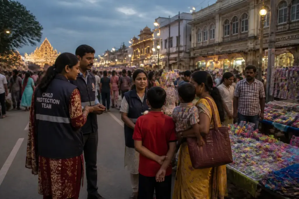 Mysuru Dasara child labour rescue team monitoring a crowded festival street