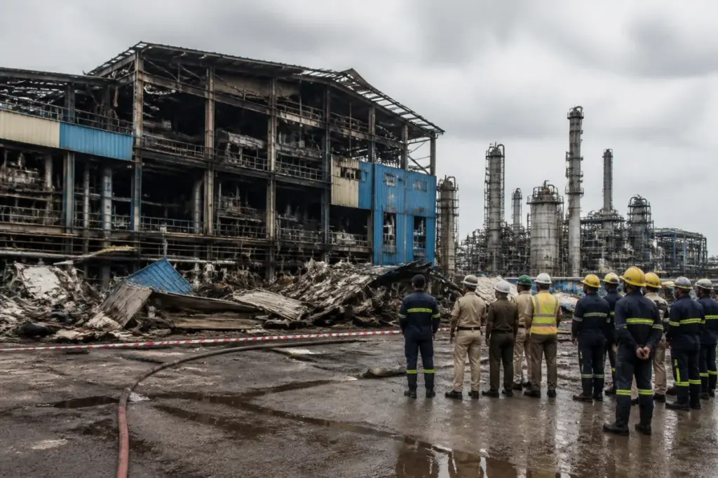 Emergency response outside the site of the Bharuch pharma blast in Saykha GIDC