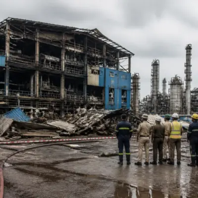 Emergency response outside the site of the Bharuch pharma blast in Saykha GIDC