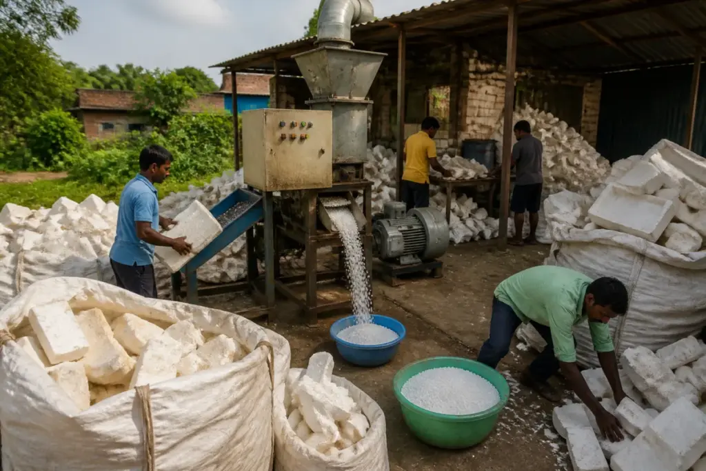 Patna thermocol recycling unit processing waste into recycled granules