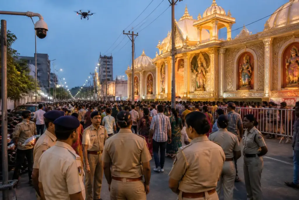 Patna Durga Puja security personnel managing crowds near a festival pandal