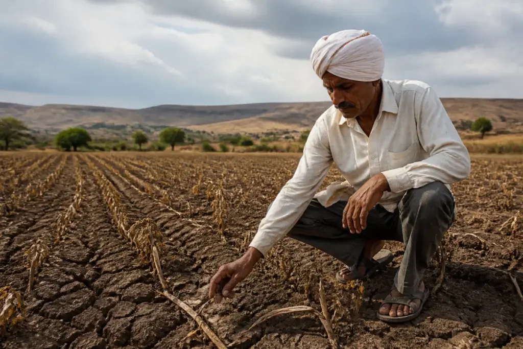 Maharashtra drought relief criticised by farmers in a dry Nashik field