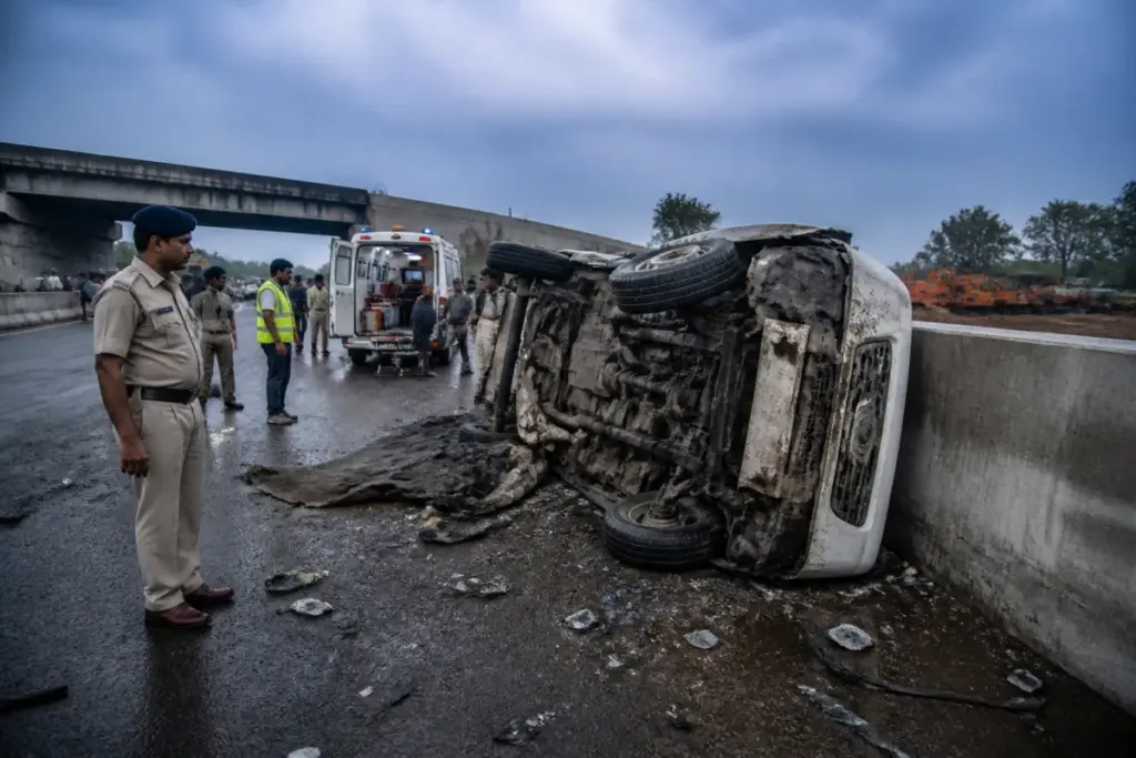 Sinnar underpass accident site on the Nashik-Pune highway after a pickup overturned