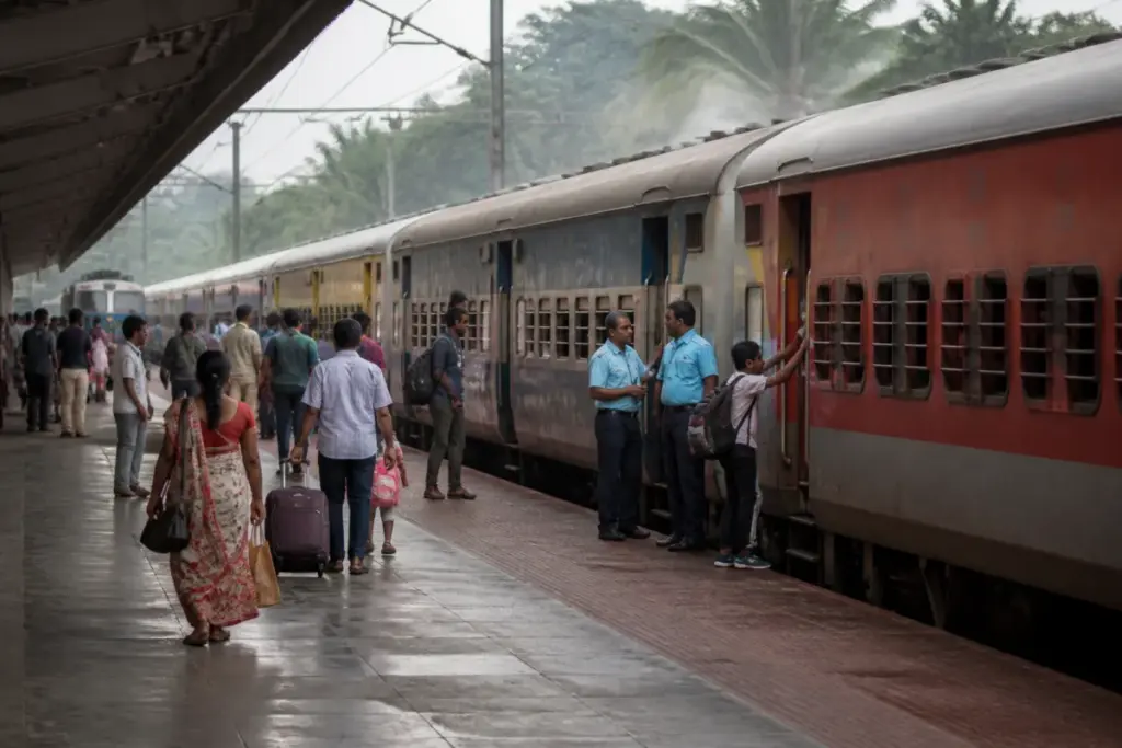 Mangaluru special trains at a railway station platform with passengers and long-distance coaches